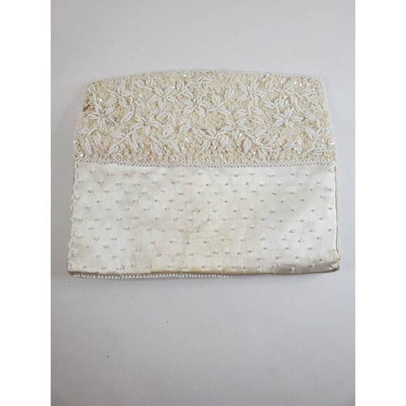 Vtg Handmade Emson Sequin and Beaded Ivory Clutch Made in Hong Kong 9x5 - Picture 6 of 16